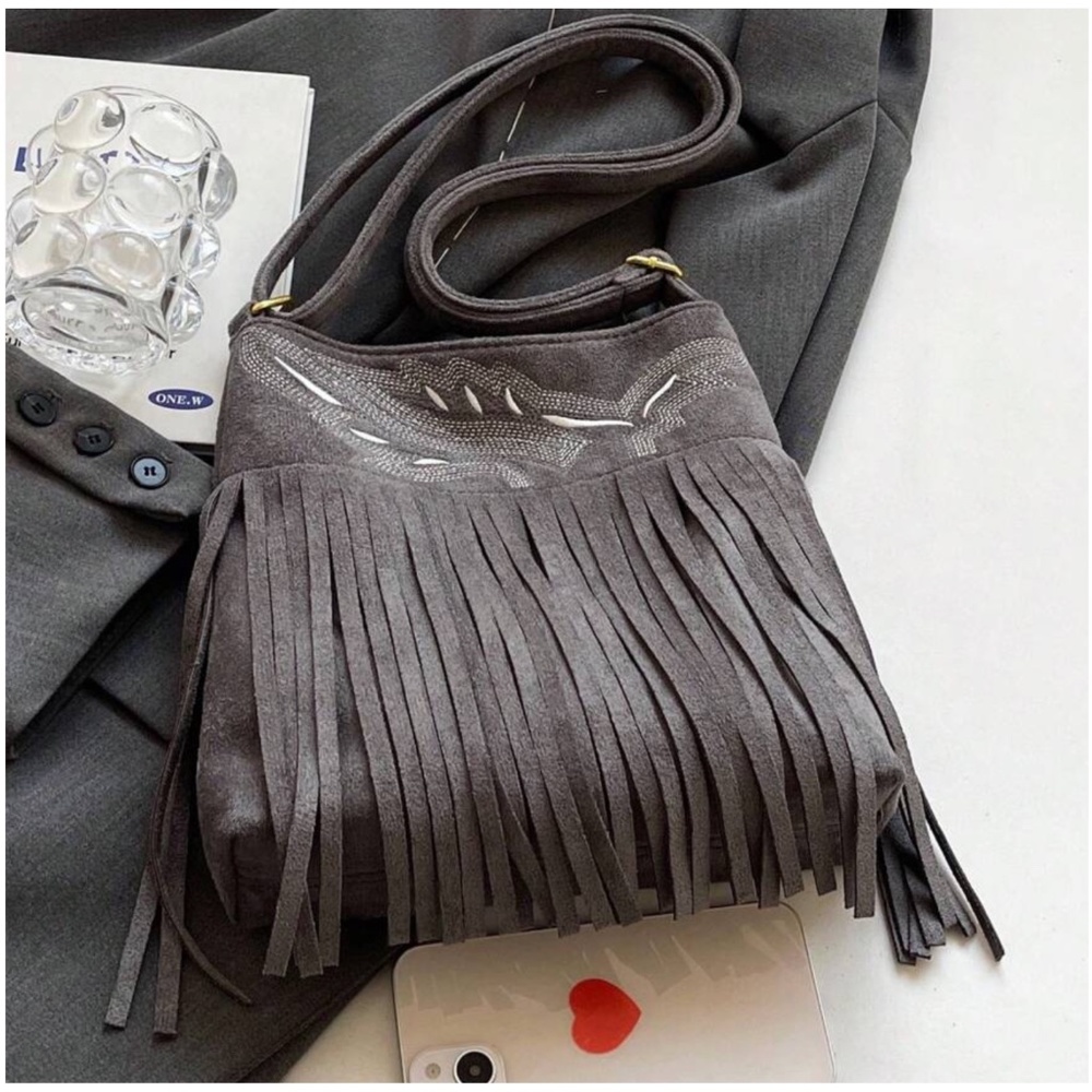 Boho Fringe Vegan Suede Hobo Shoulder Crossbody bag - Picture 2 of 12
